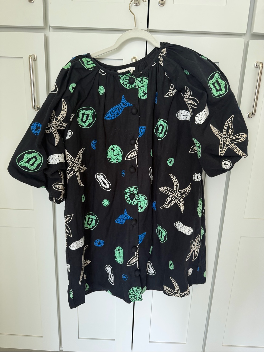 RHODE Black Puff-Sleeve Shell & Starfish Print Blouse